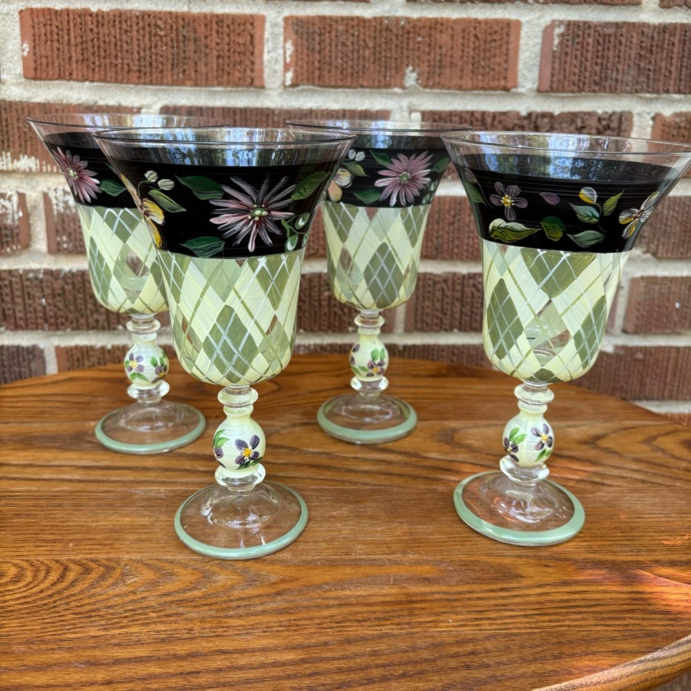 Hand Painted Drinking Flowers Argyle Clear Glasses Goblets Set of 4
